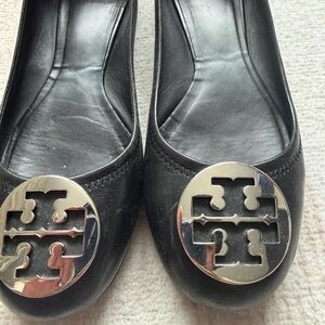 Tory Burch Black Leather Flats with Silver Logo Emblem